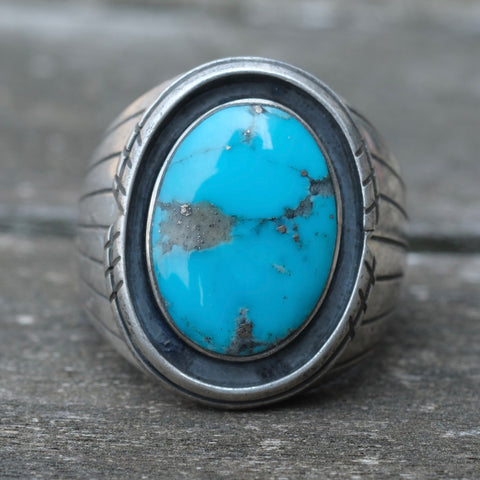 Vintage Sterling Turquoise Ribbed Band Ring 9