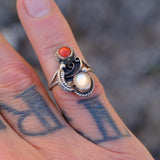 Vintage Sterling Mother OF Pearl and Coral Feather Ring 3.75