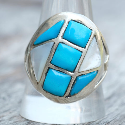 Vintage Sterling Turquoise and Mother Of Pearl Inlay Ring 11.25
