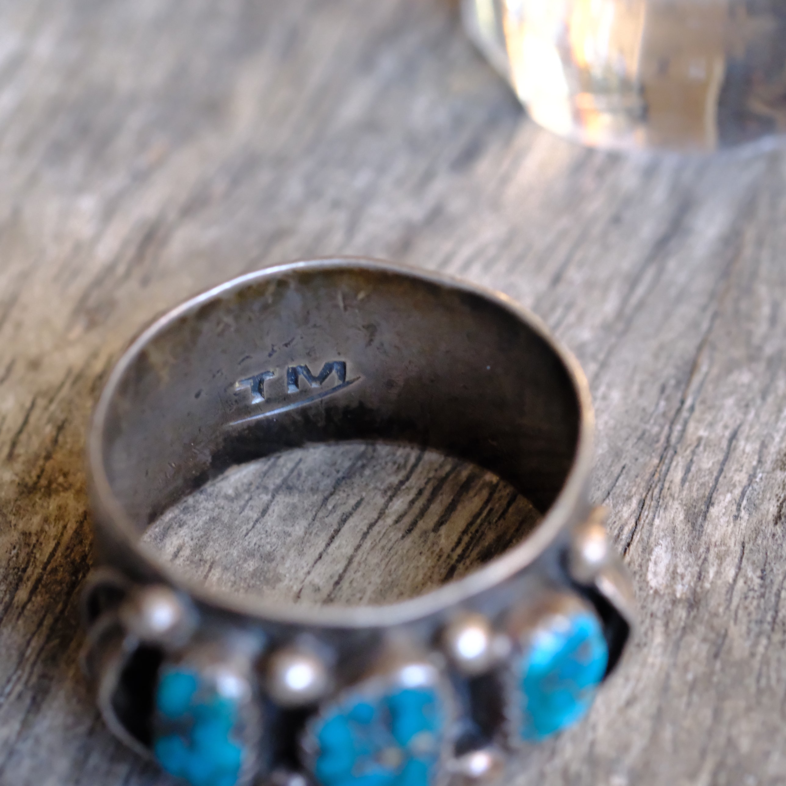Vintage Navajo Sterling Turquoise Feather Stamped Band Ring Terry Martinez 13