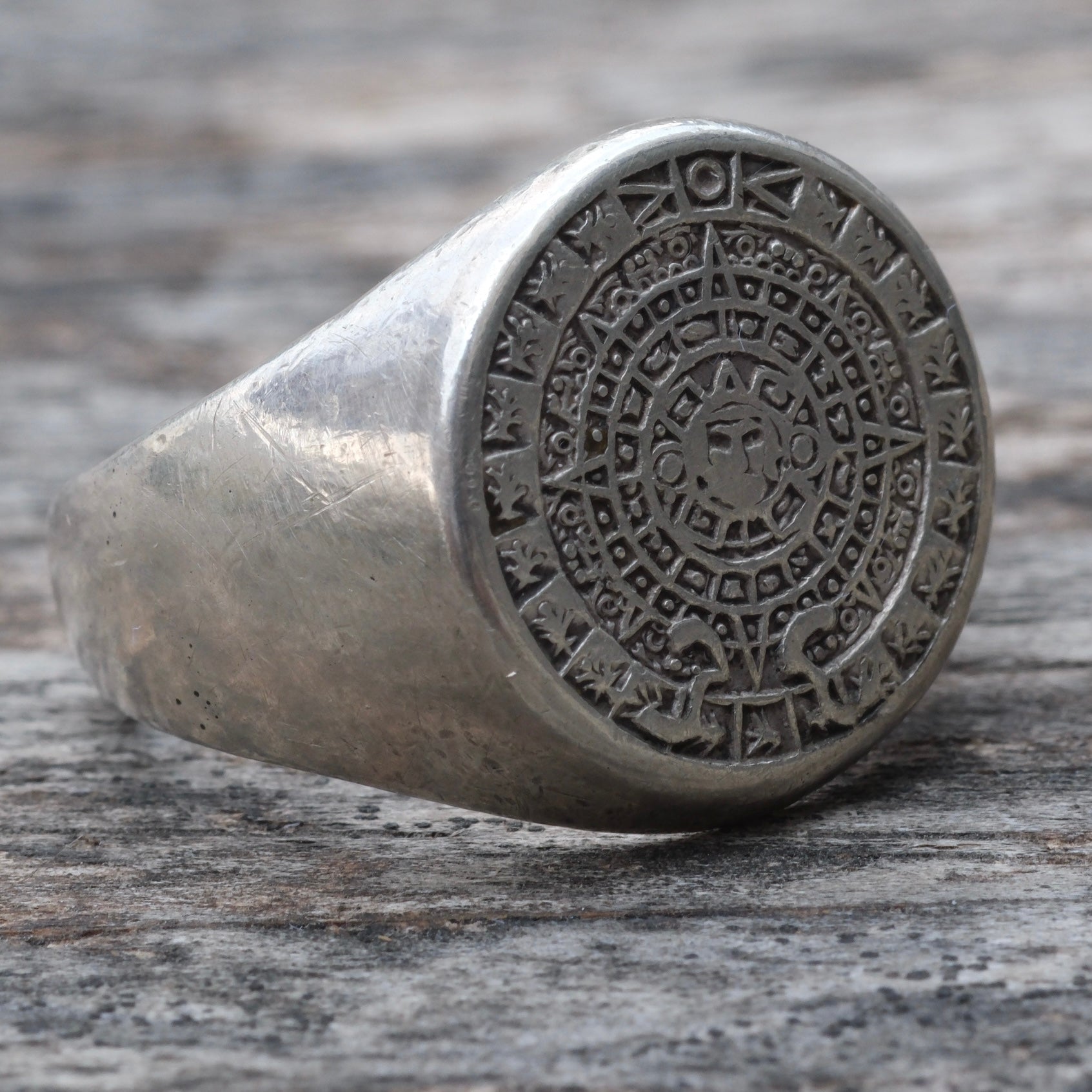 Vintage Sterling Aztec Calendar Ring 9.75