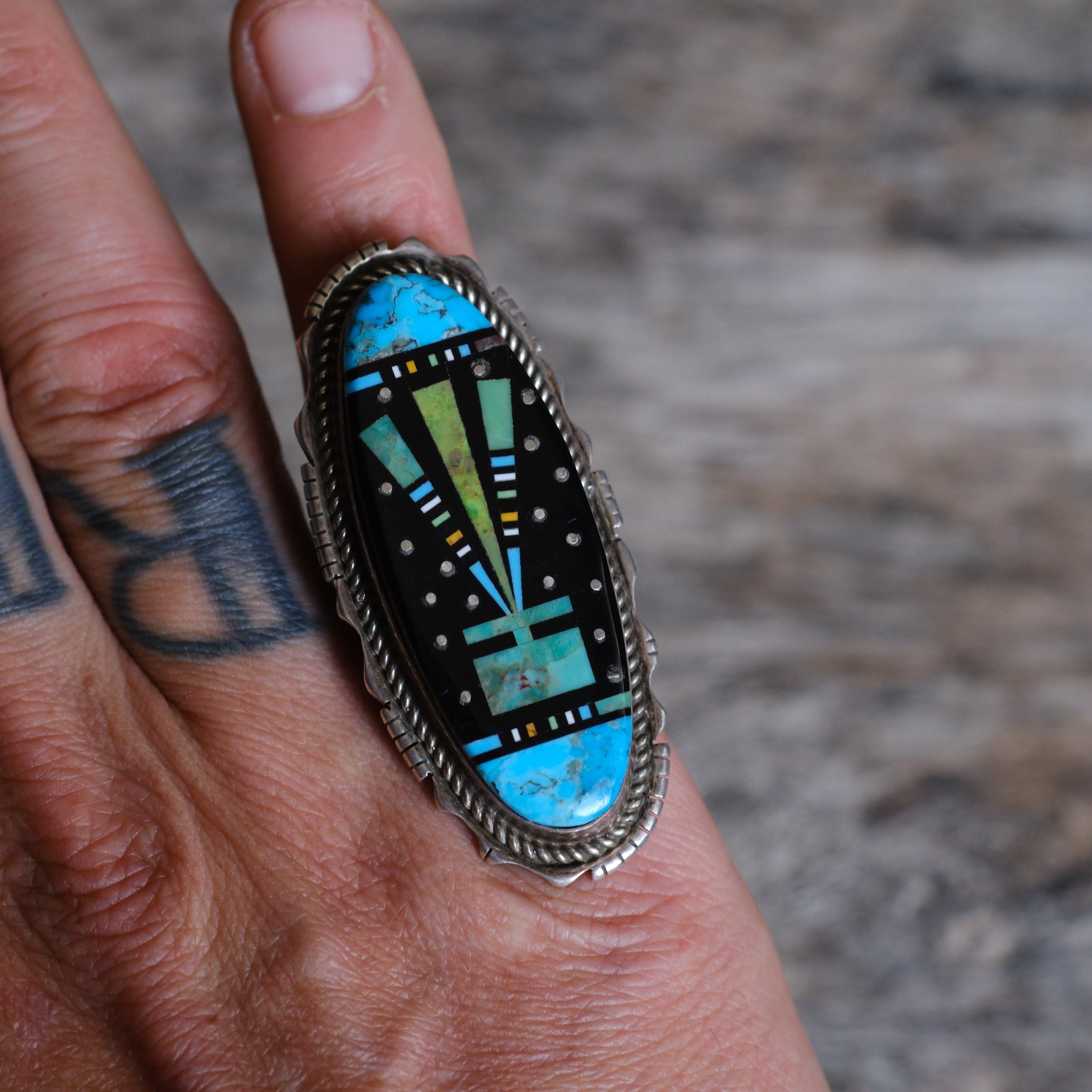 HUGE Vintage Sterling Ray Jack Micro Inlay Galaxy Ring 7