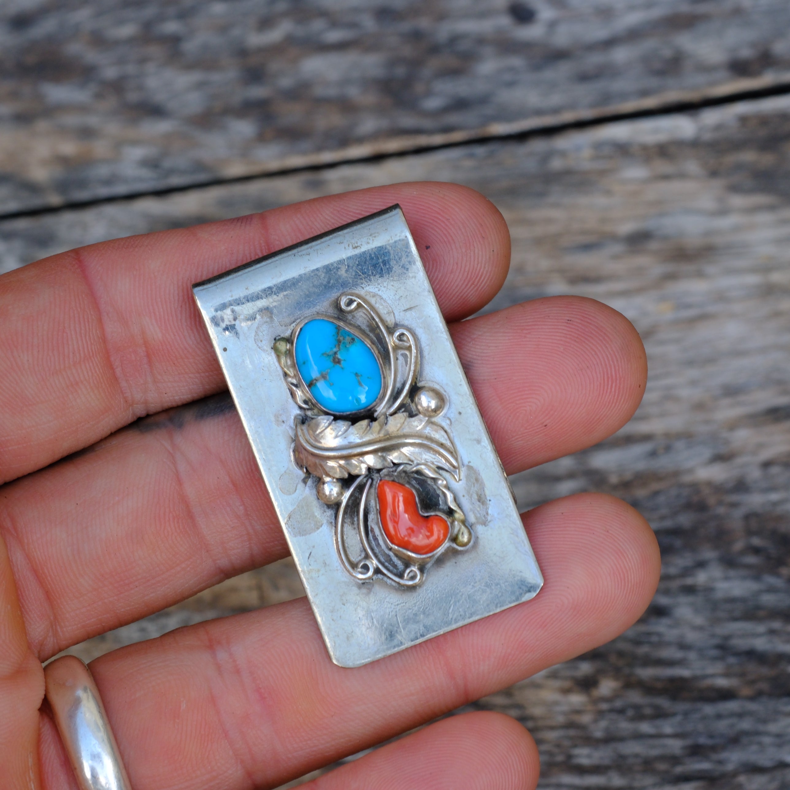 Vintage Turquoise and Coral Feather Money Clip