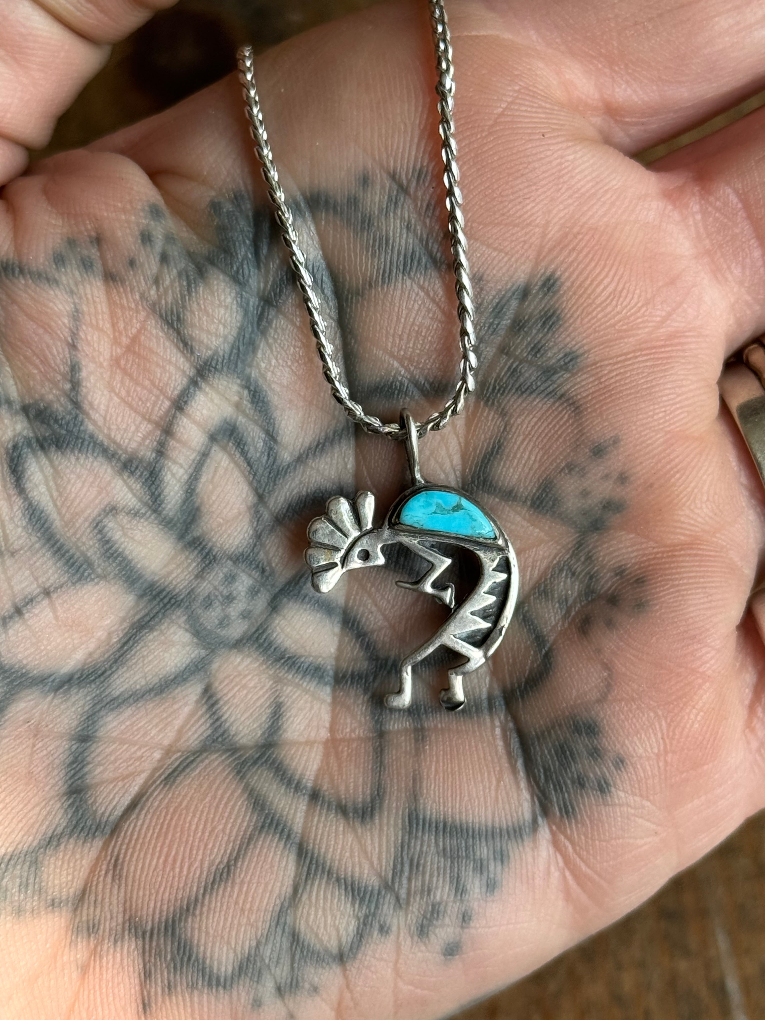 Vintage Sterling Silver Turquoise Kokopelli 15" Necklace