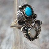 Vintage Sterling Turquoise and Mother Of Pearl Feather Ring 5