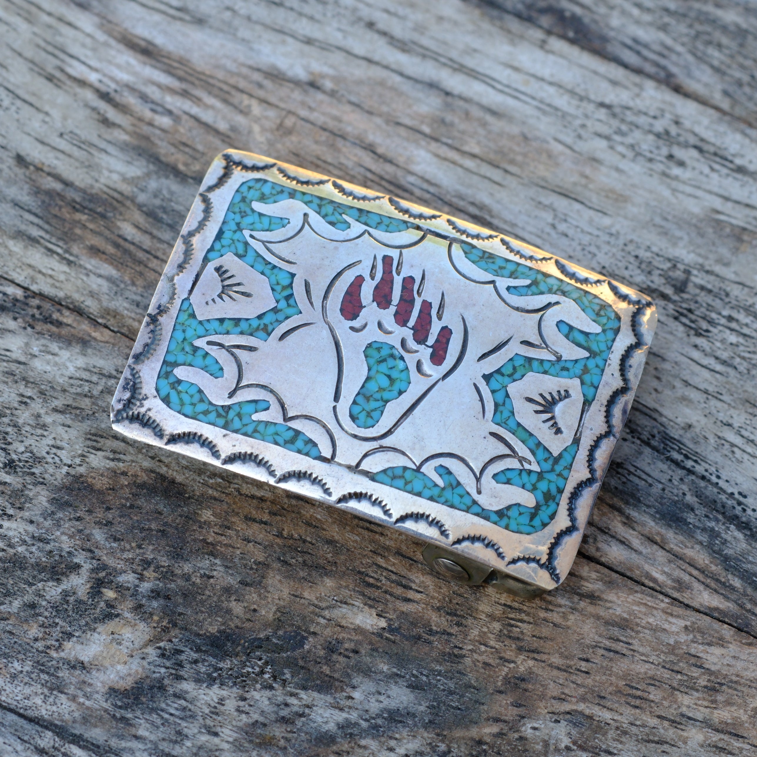 Vintage Sterling Ladies Turquoise and Coral Bear Paw Belt Buckle
