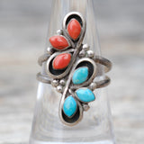 Vintage Sterling Turquoise and Coral Cluster Ring 7.5