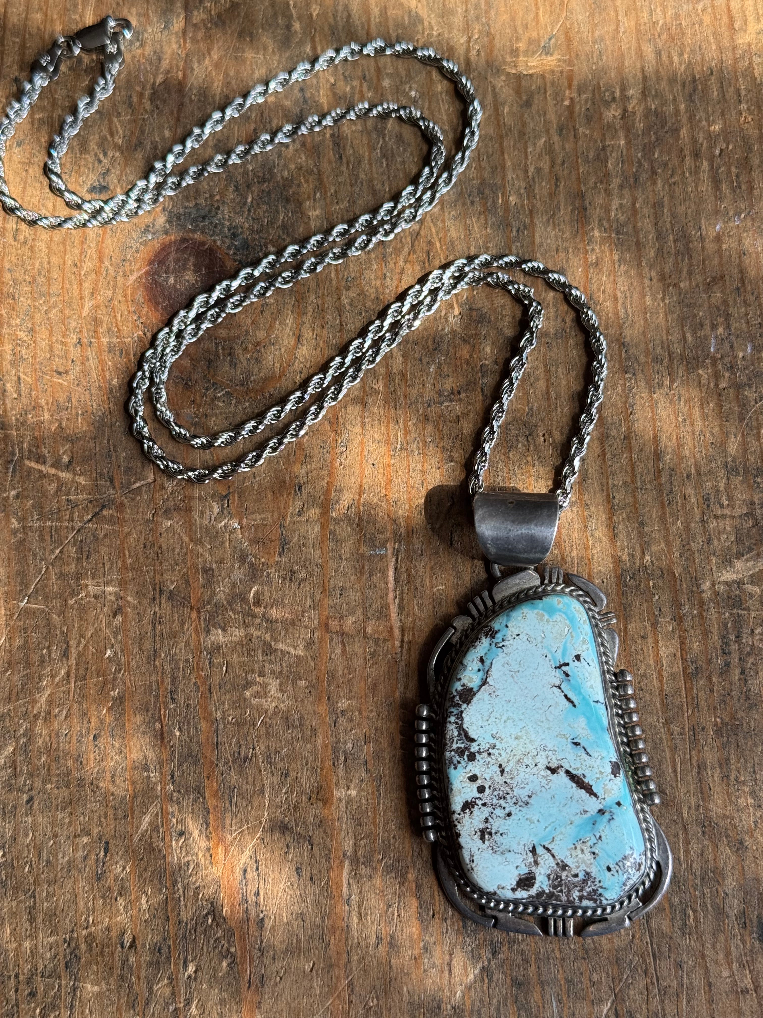 HUGE Vintage Sterling Silver Turquoise Sawcut 24" Necklace