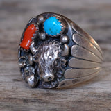 Vintage Sterling Turquoise and Coral Buffalo Ring 10