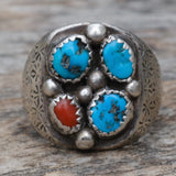 Vintage Sterling Turquoise and Coral Cluster Ring 10.75