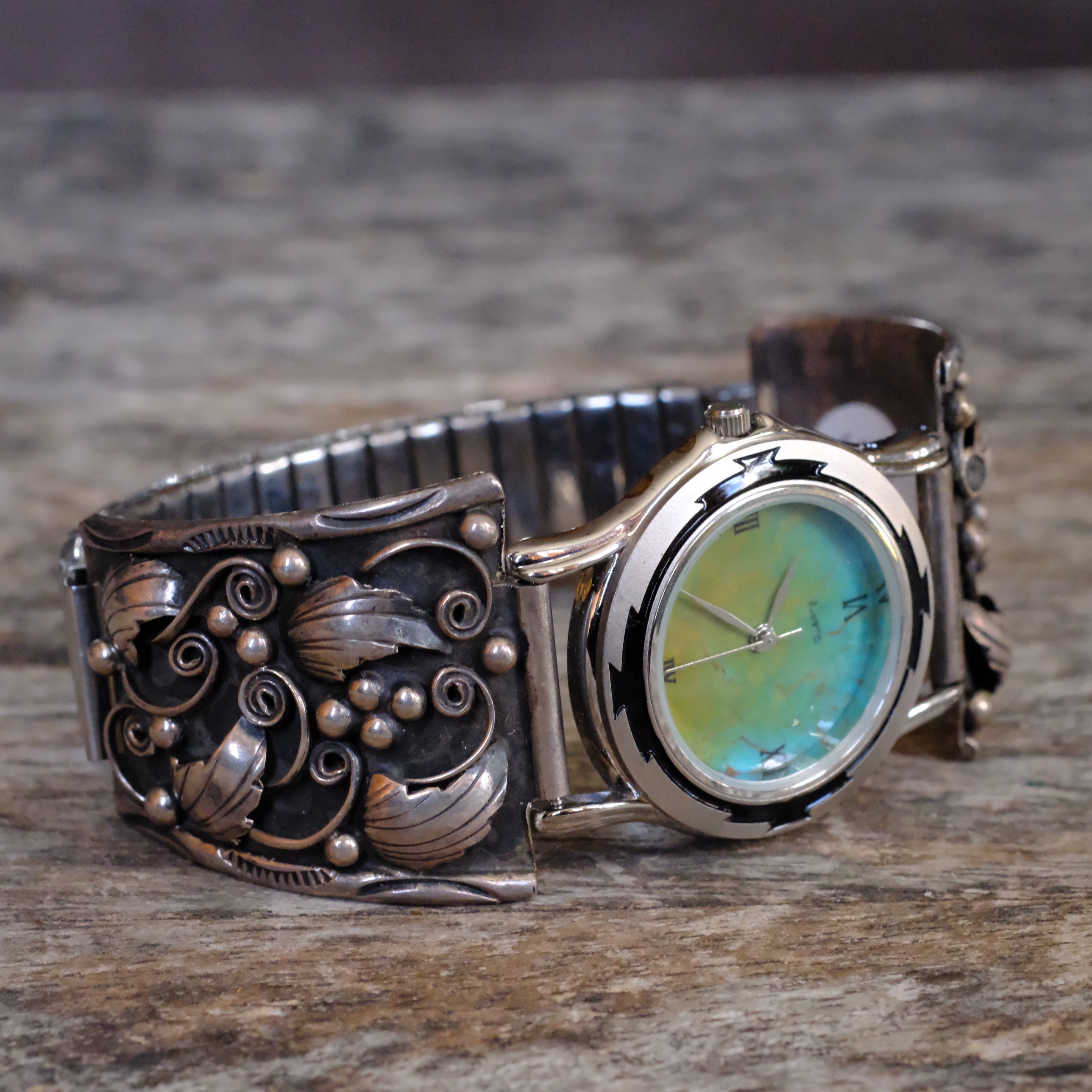 Vintage Sterling Feather Watch With Turquoise Dial