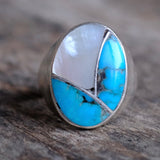 Vintage Sterling Zuni Inlay Turquoise and Mother Of Pearl Ring 10.25