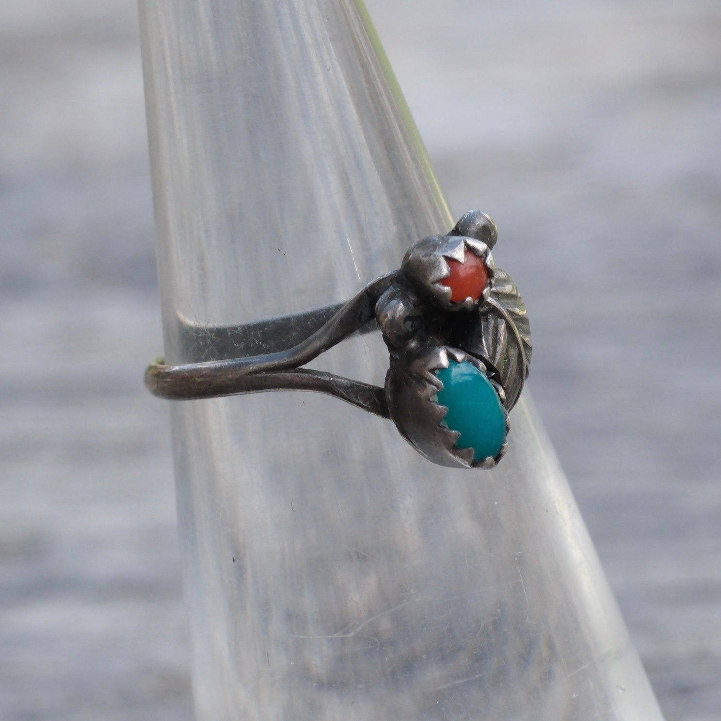 Vintage Sterling Turquoise and Coral Ring 3.75