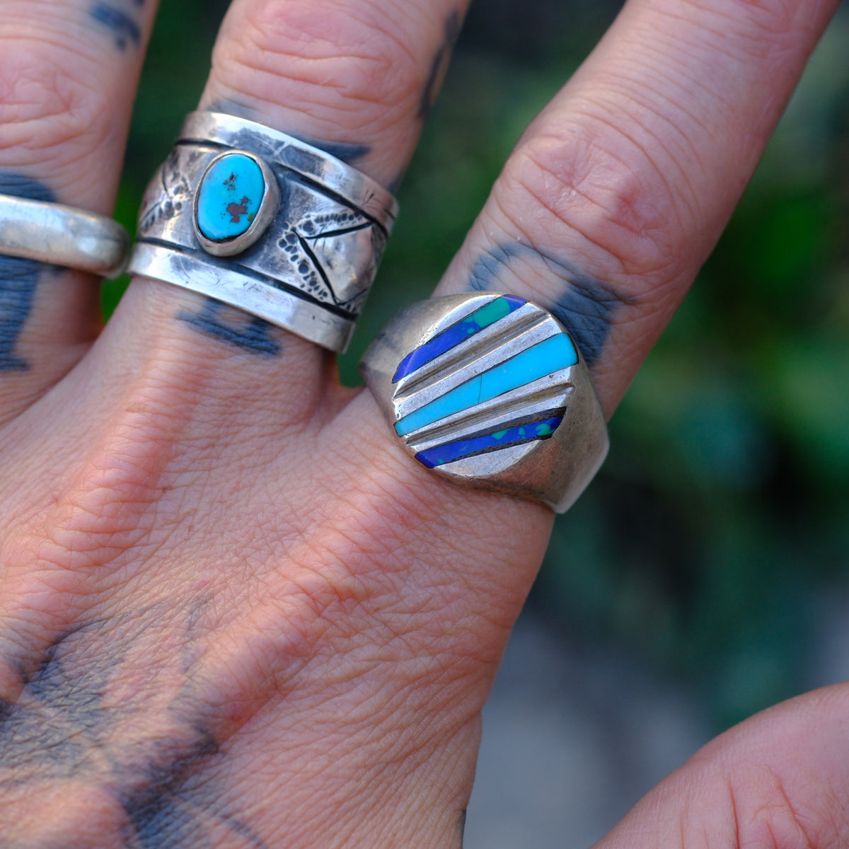 Vintage Sterling Azurite and Turquoise Inlay Ring 12.75