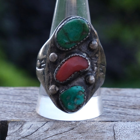 Vintage Sterling Old Pawn Turquoise and Coral Ring 11
