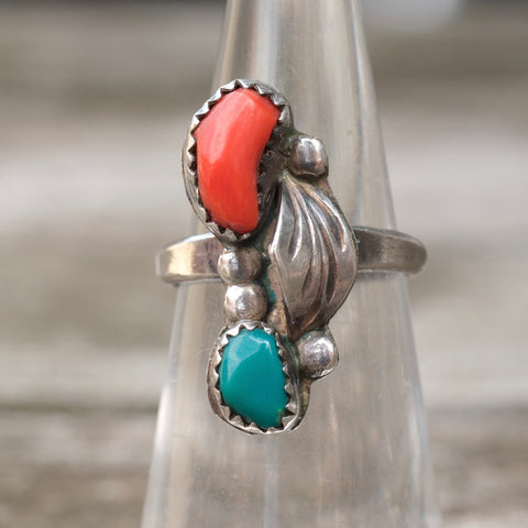 Vintage Sterling Turquoise and Coral Feather Ring 5