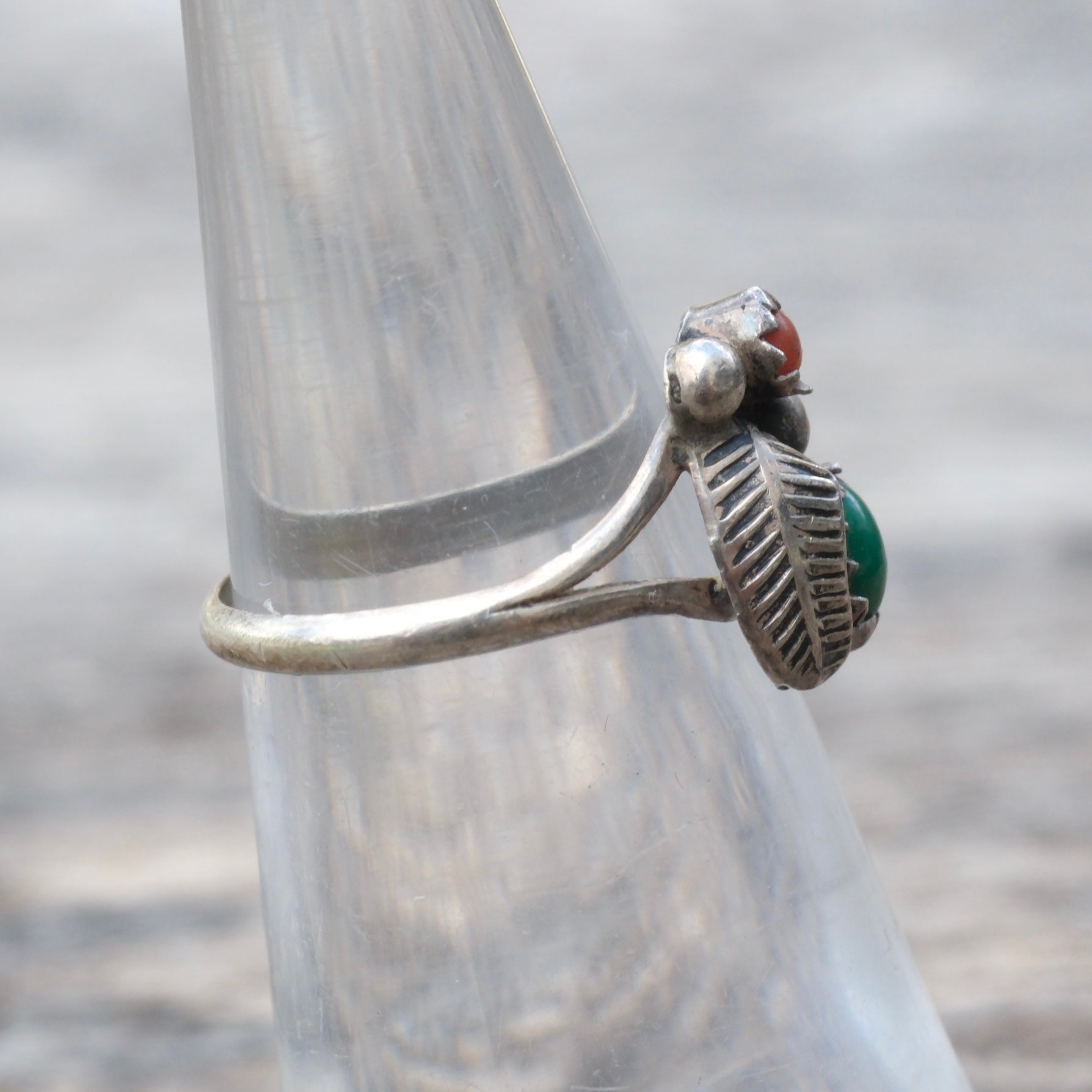 Vintage Sterling Turquoise and Coral Feather Ring 5
