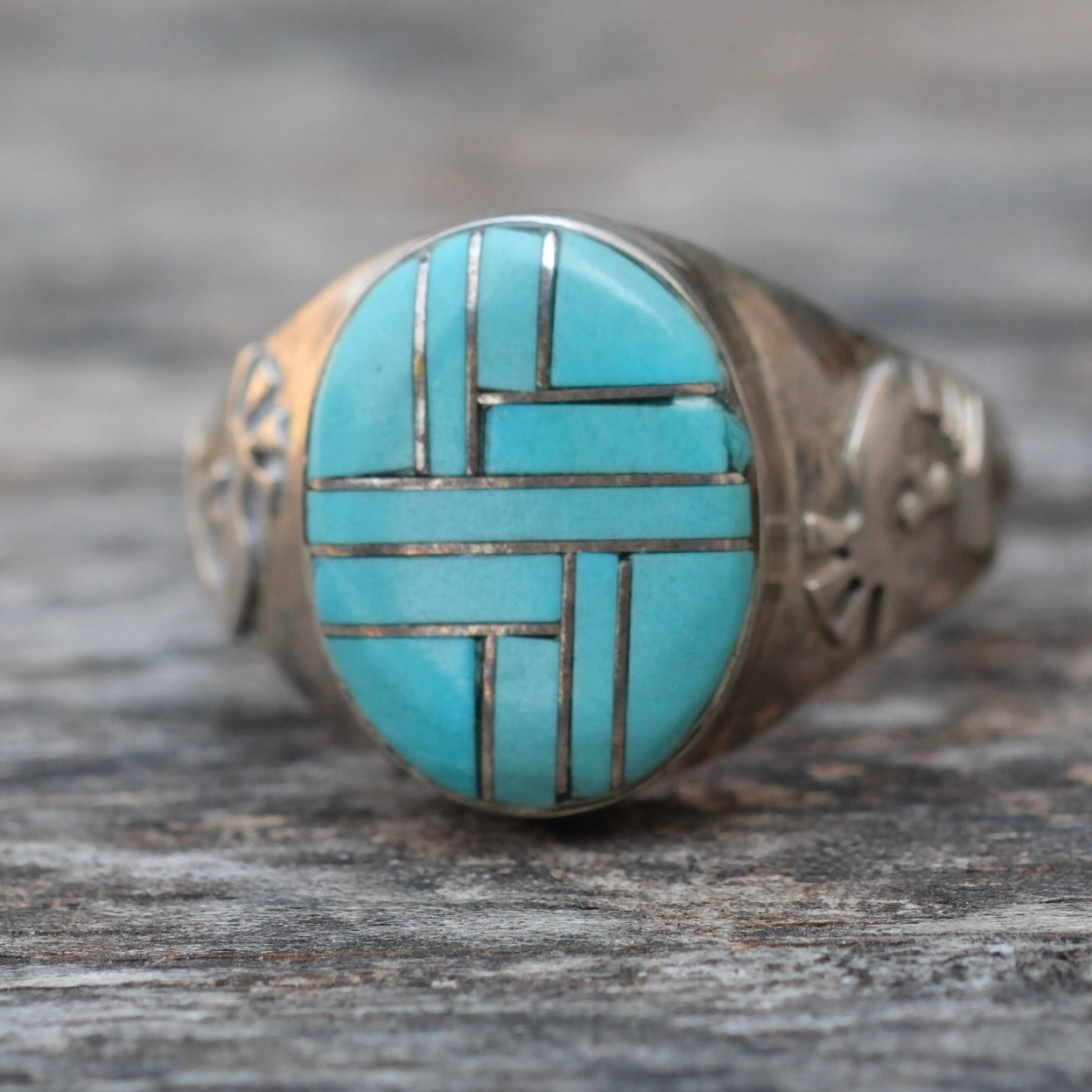 Vintage Sterling Turquoise Inlay Kokopelli Ring 8.75