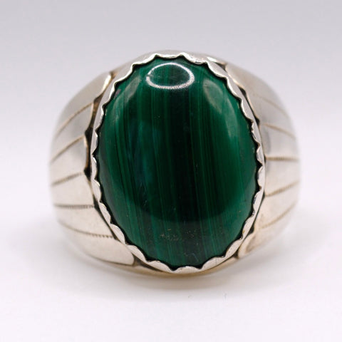 Vintage Sterling Malachite Ribbed Ring 10