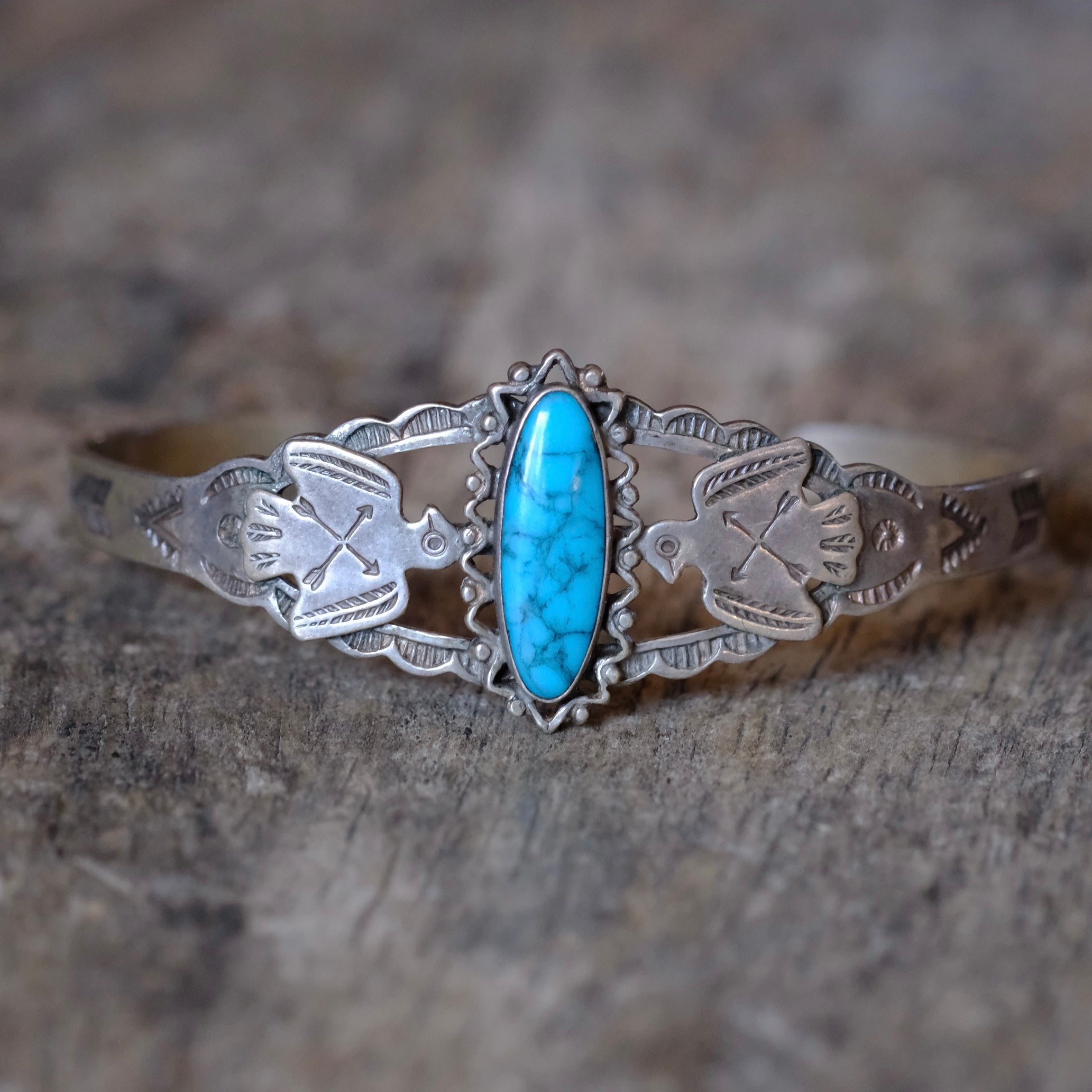 Vintage Sterling Turquoise Thunderbird Cuff Bracelet 6"