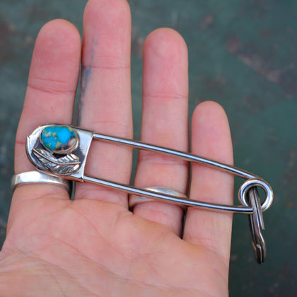 Vintage Turquoise Feather Safety Pin Key Chain 3.5"