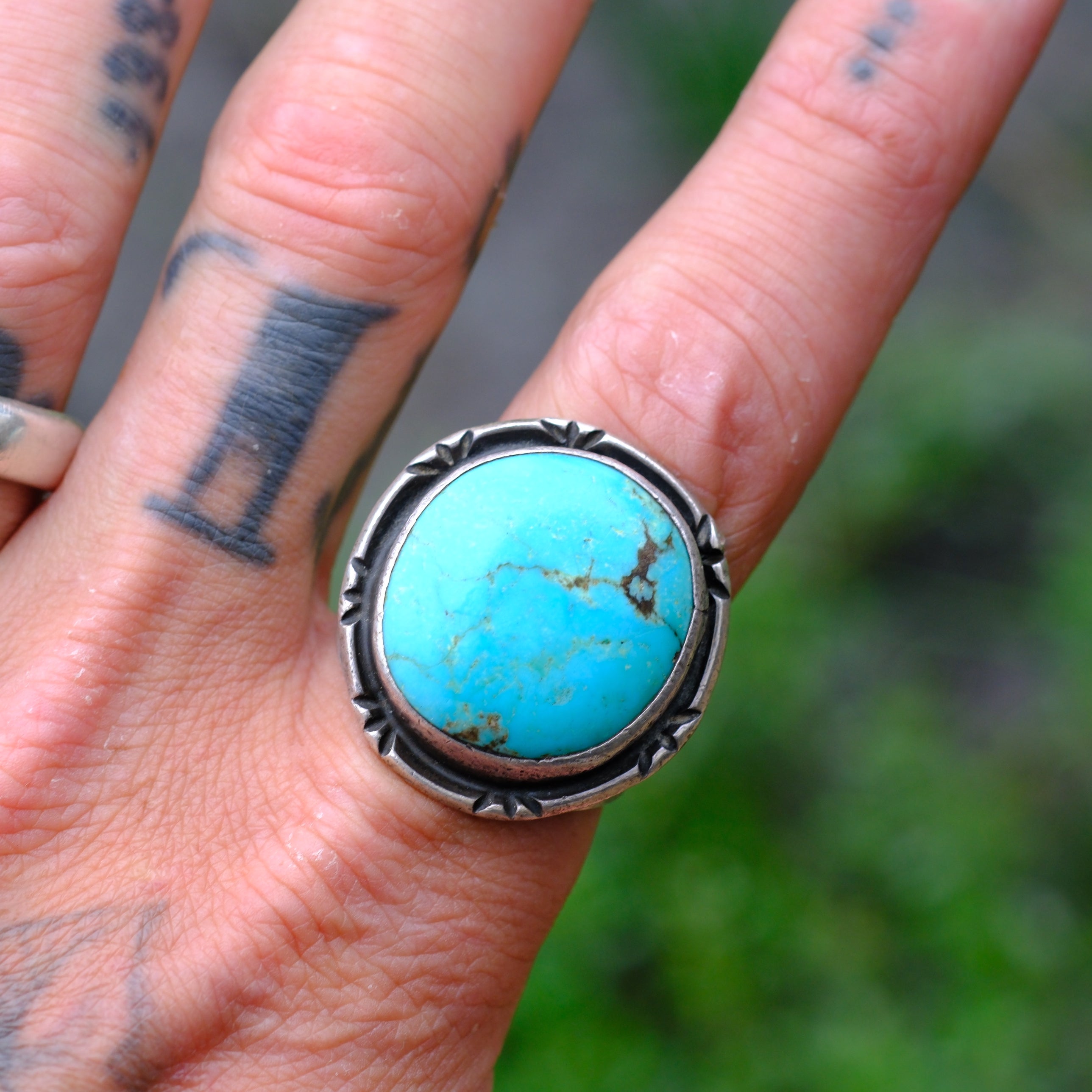 1960's Vintage Sterling Turquoise Stamped Band Ring 9