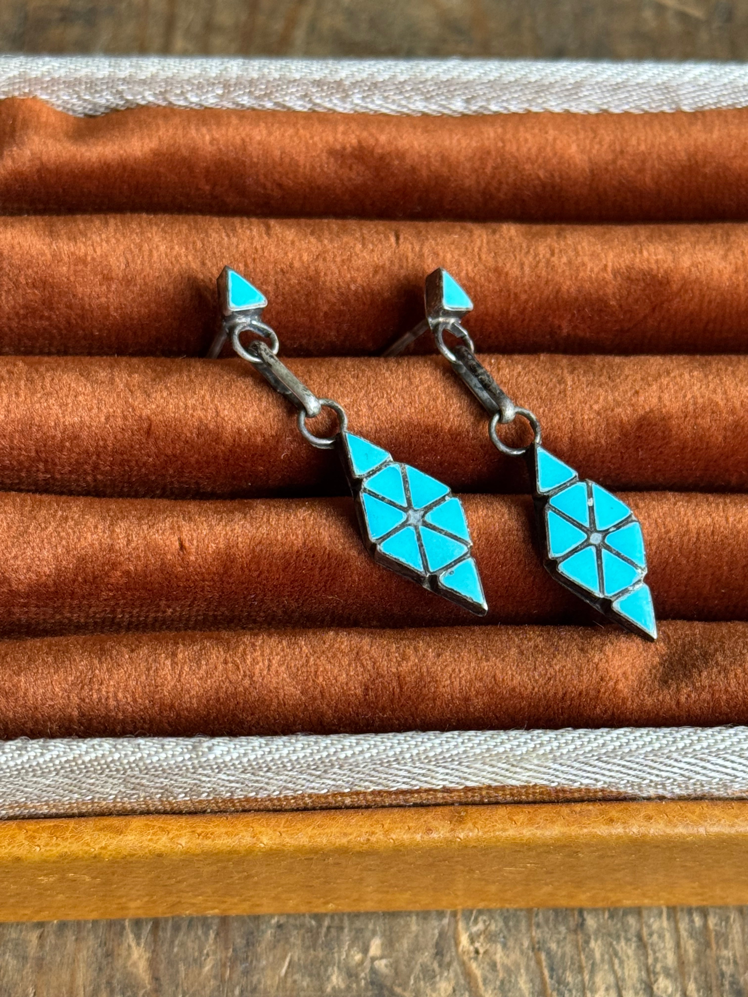 Vintage Sterling Silver Turquoise Inlay Diamond Earrings