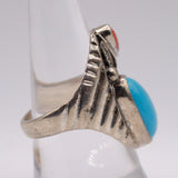 Vintage Sterling Turquoise and Coral Feather Ring 9.25