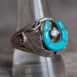 Vintage Sterling Turquoise and CZ Horseshoe Ring 11.25