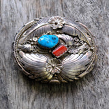 Vintage Sterling Turquoise and Coral Feather Belt Buckle
