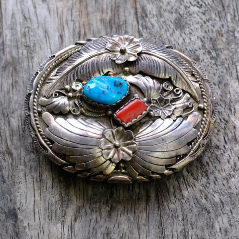 Vintage Sterling Turquoise and Coral Feather Belt Buckle