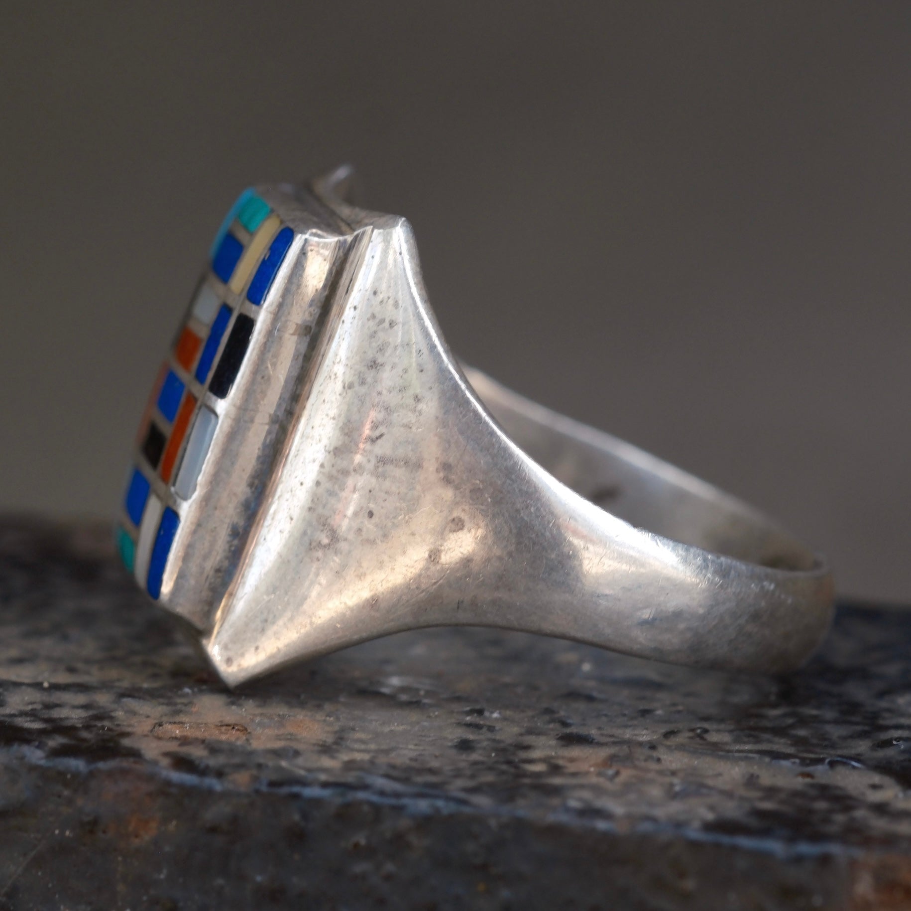 Vintage Sterling Mulstione Inlay Panel Ring 12.25