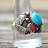 Vintage Sterling Turquoise and Coral Feather Ring 11