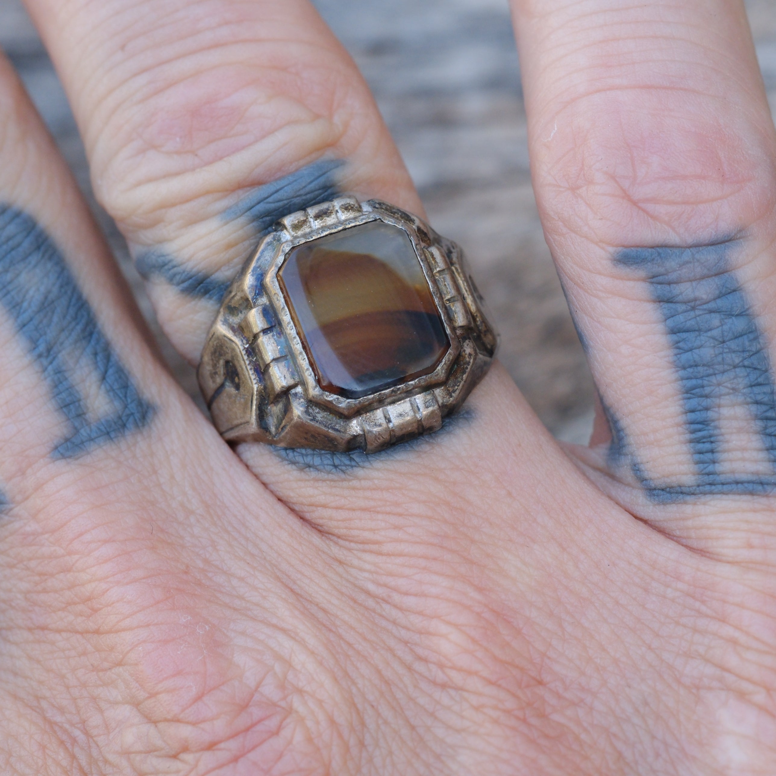 Vintage Sterling Agate Signet Ring 8.25