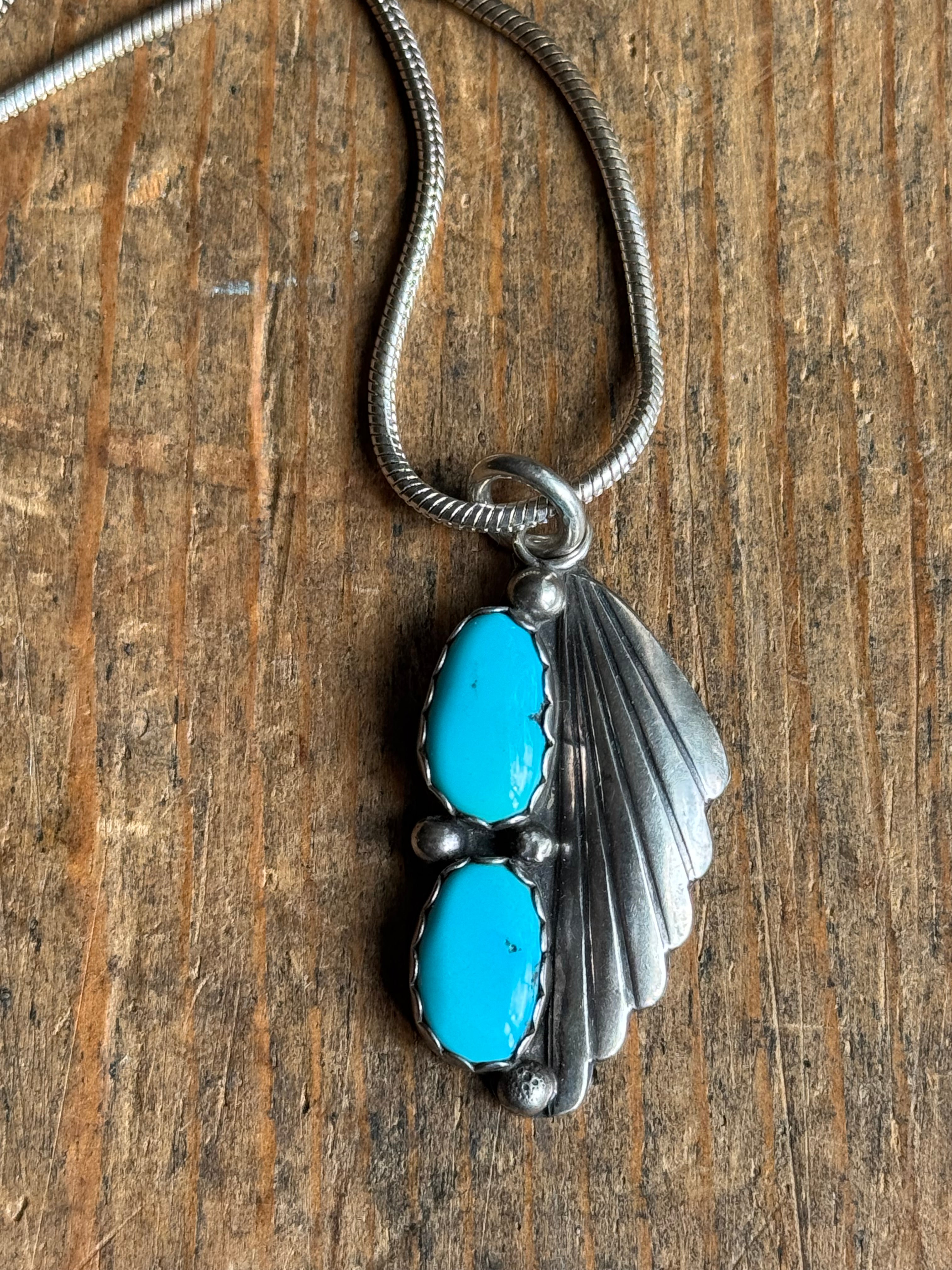 Vintage Sterling Silver Double Turquoise Fan 18" Necklace
