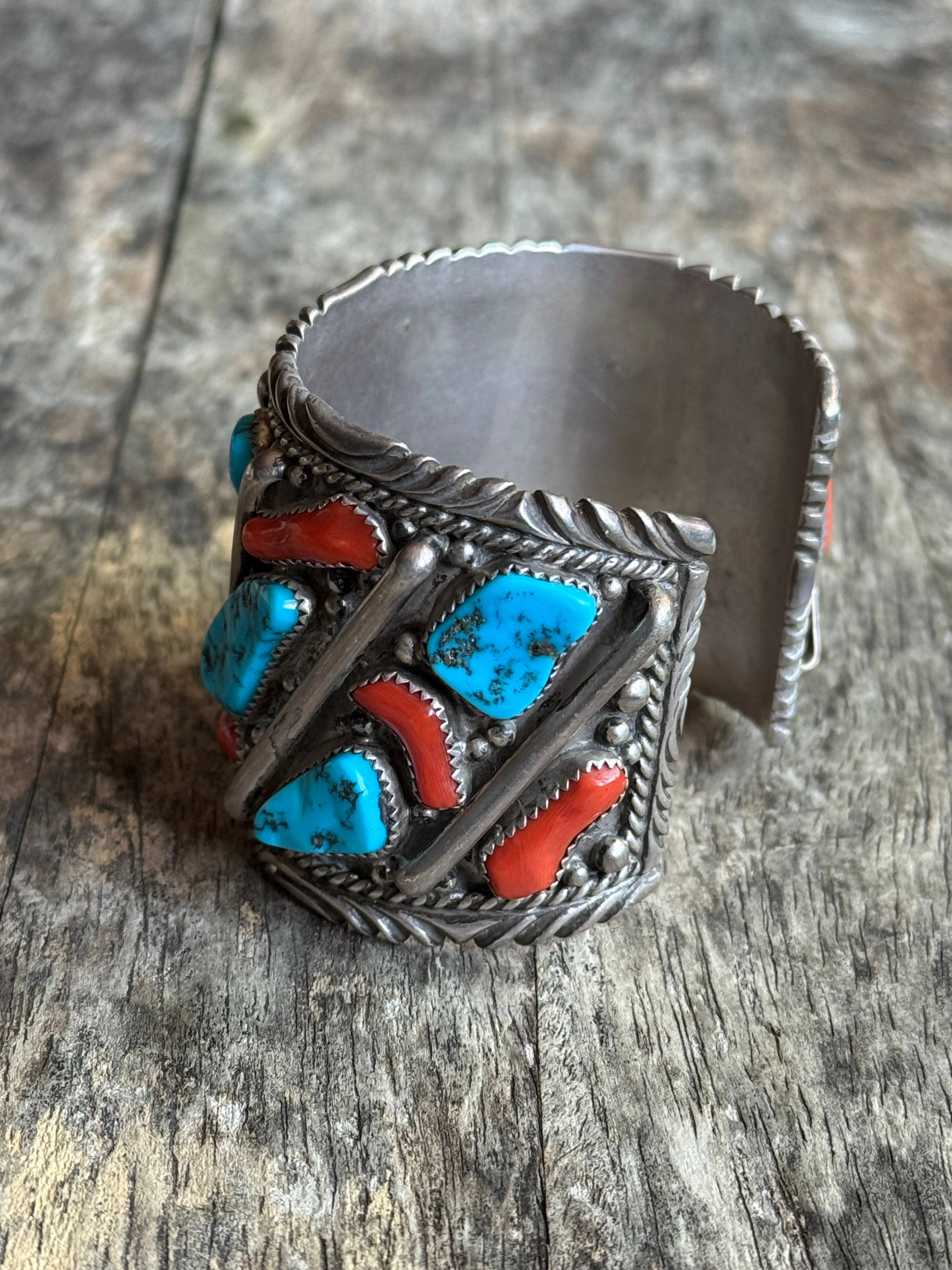 Vintage Sterling Silver Heavy Turquoise & Coral Roped Bar Cuff