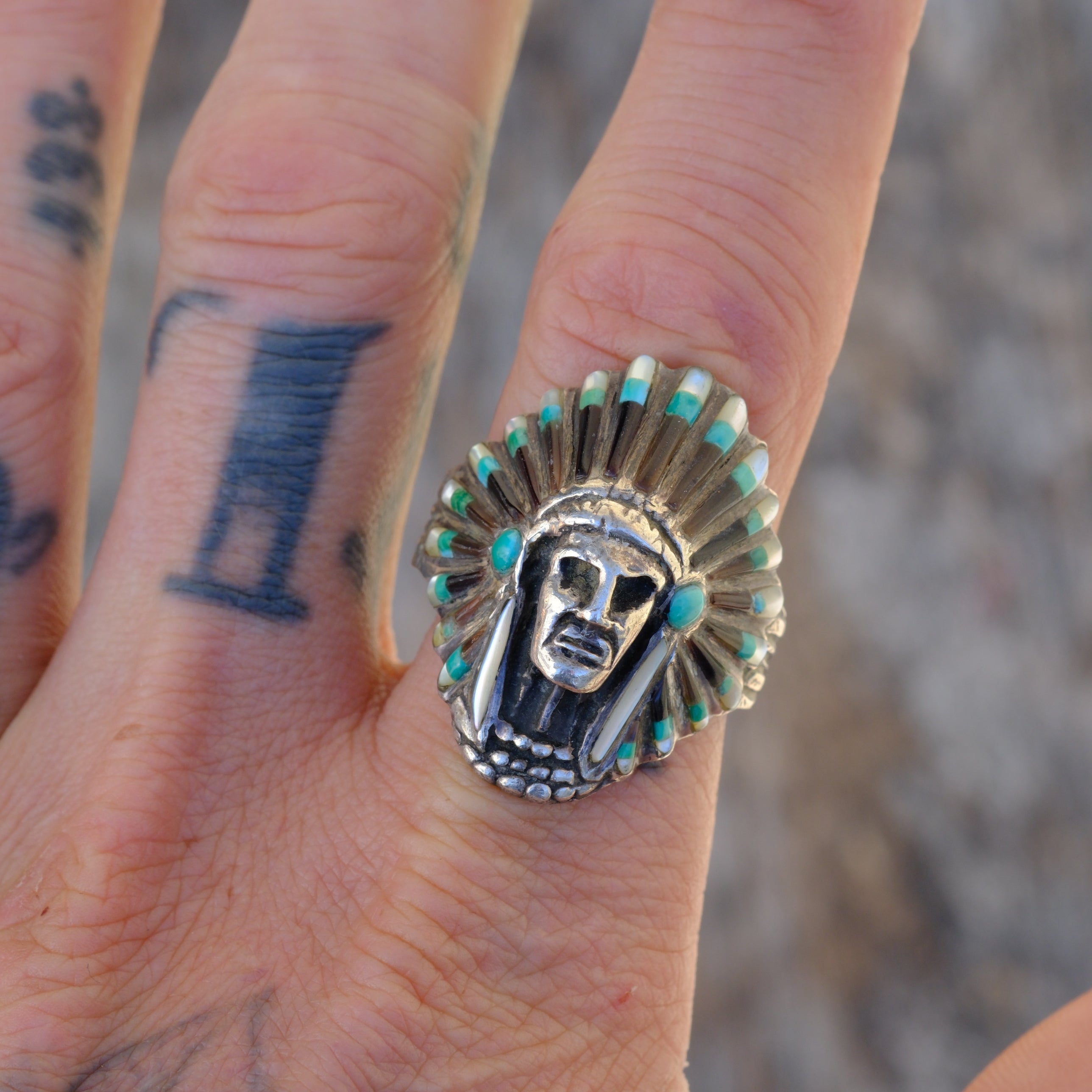Vintage Sterling Big Chief Inlay Ring 11.25