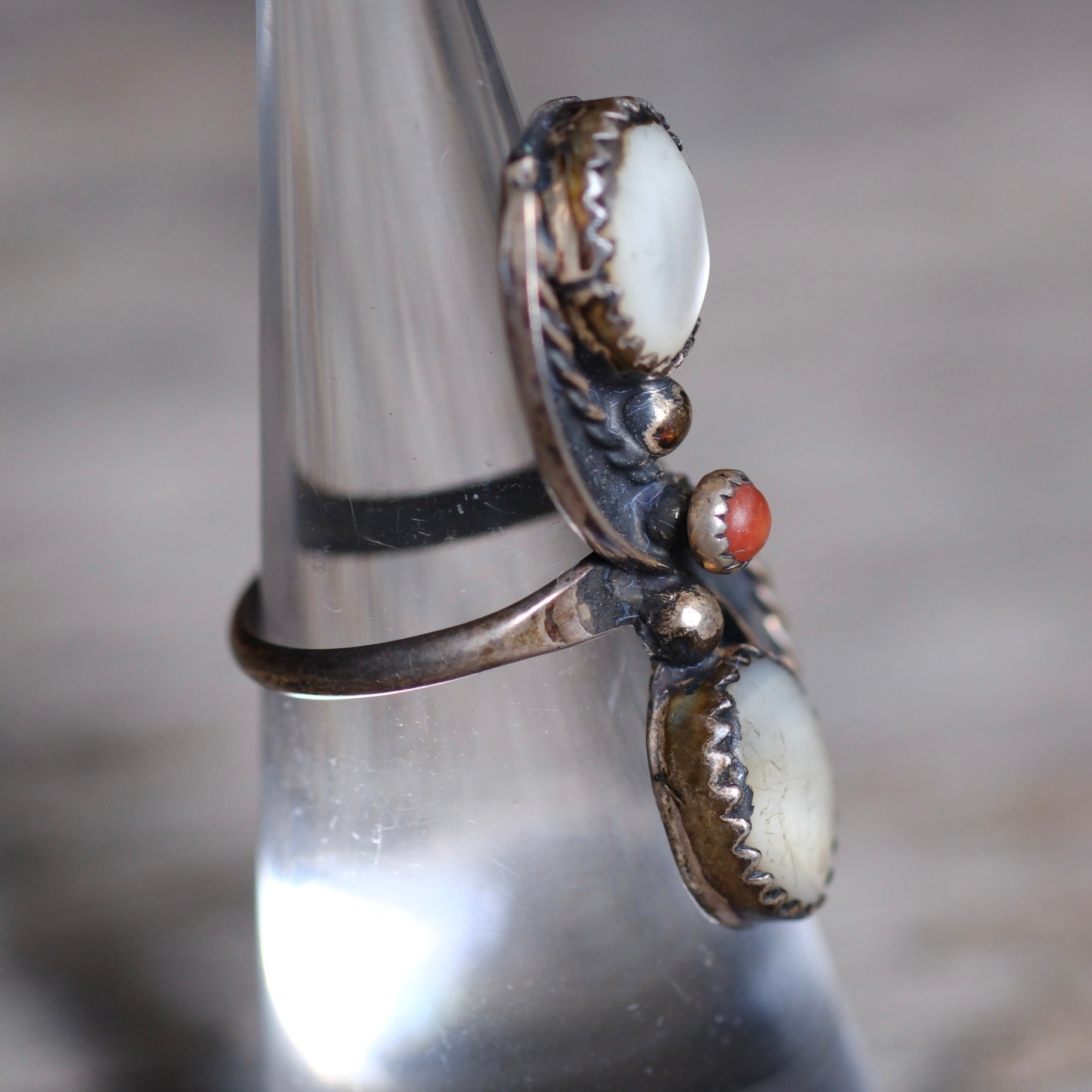 Vintage Sterling Mother Of Pearl and Coral Ring 5.25