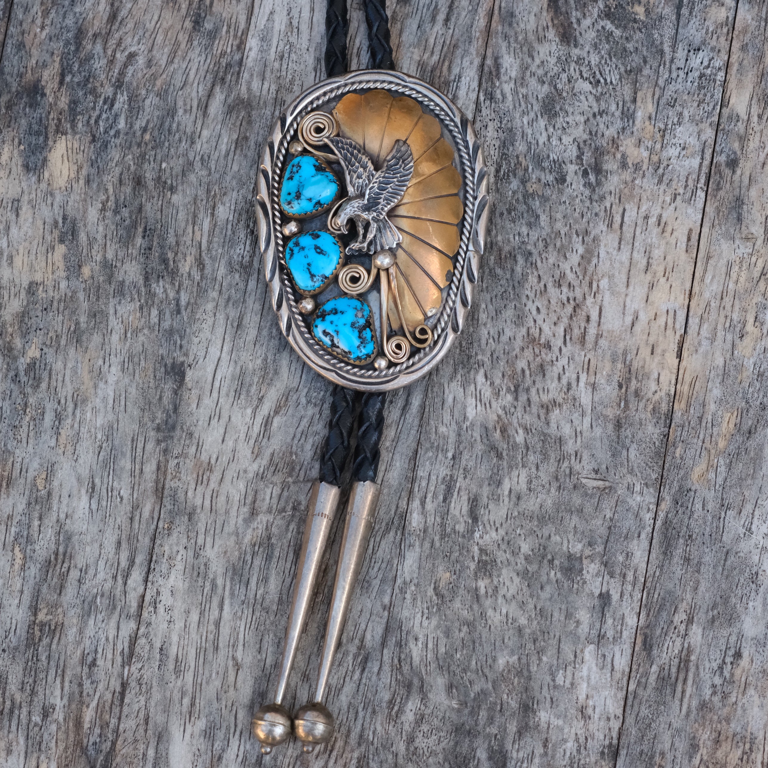 Vintage Sterling and Gold Turquoise Eagle Bolo Tie