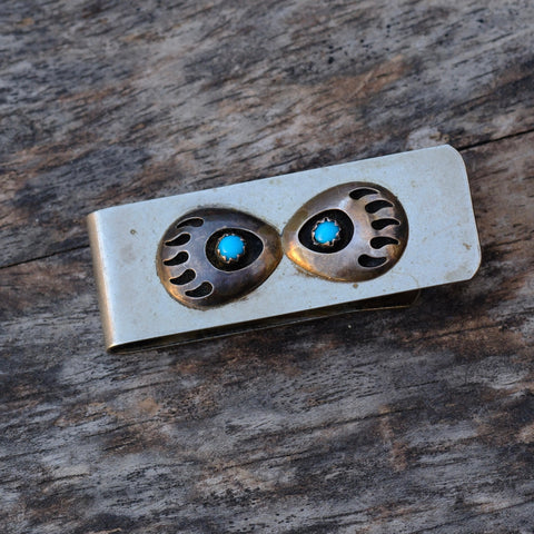 Vintage Sterling Turquoise Bear Paw Money Clip