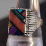 Vintage Sterling Multistone Inlay Ribbed Band Ring 11