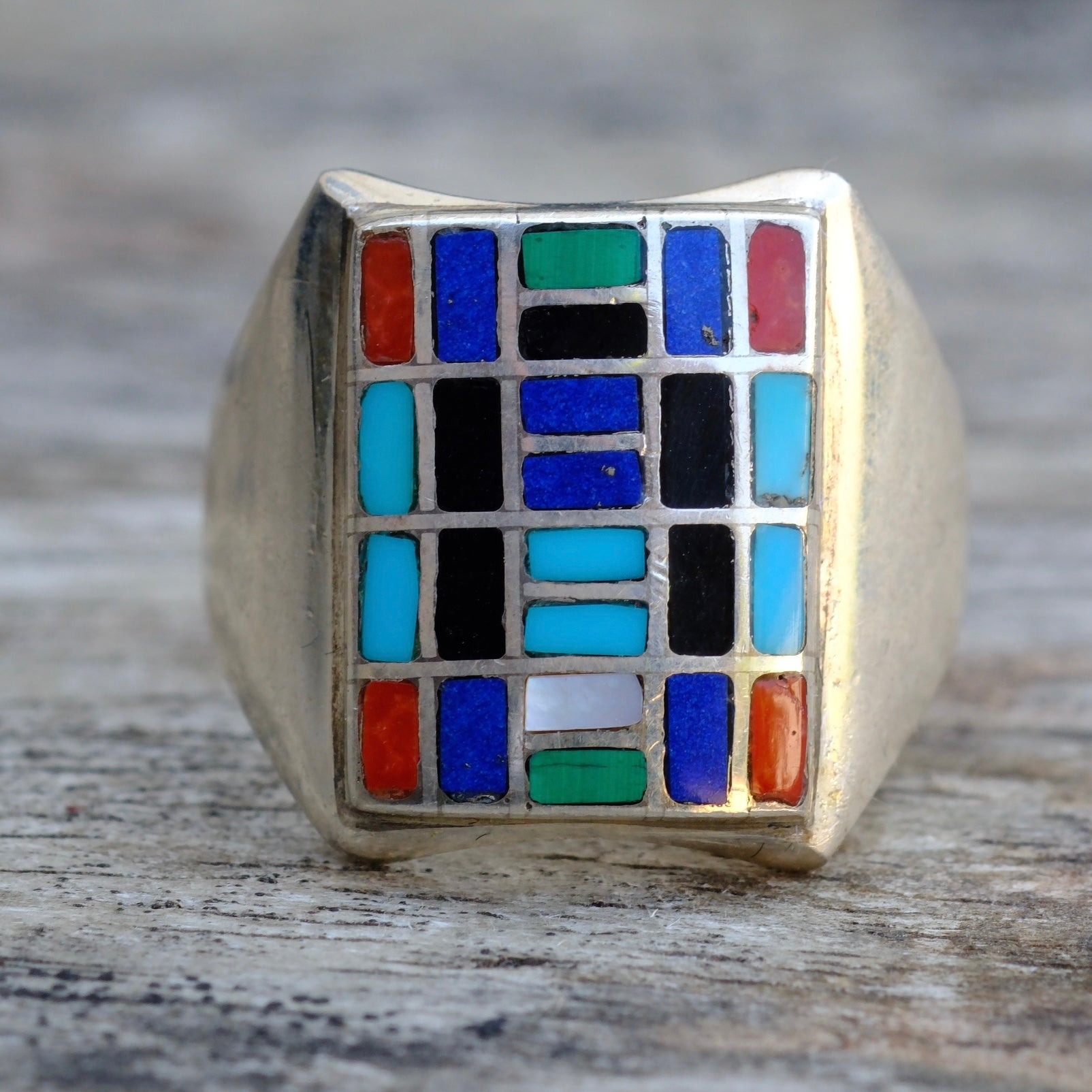Vintage Sterling Multistone Inlay Panel Ring 8.5