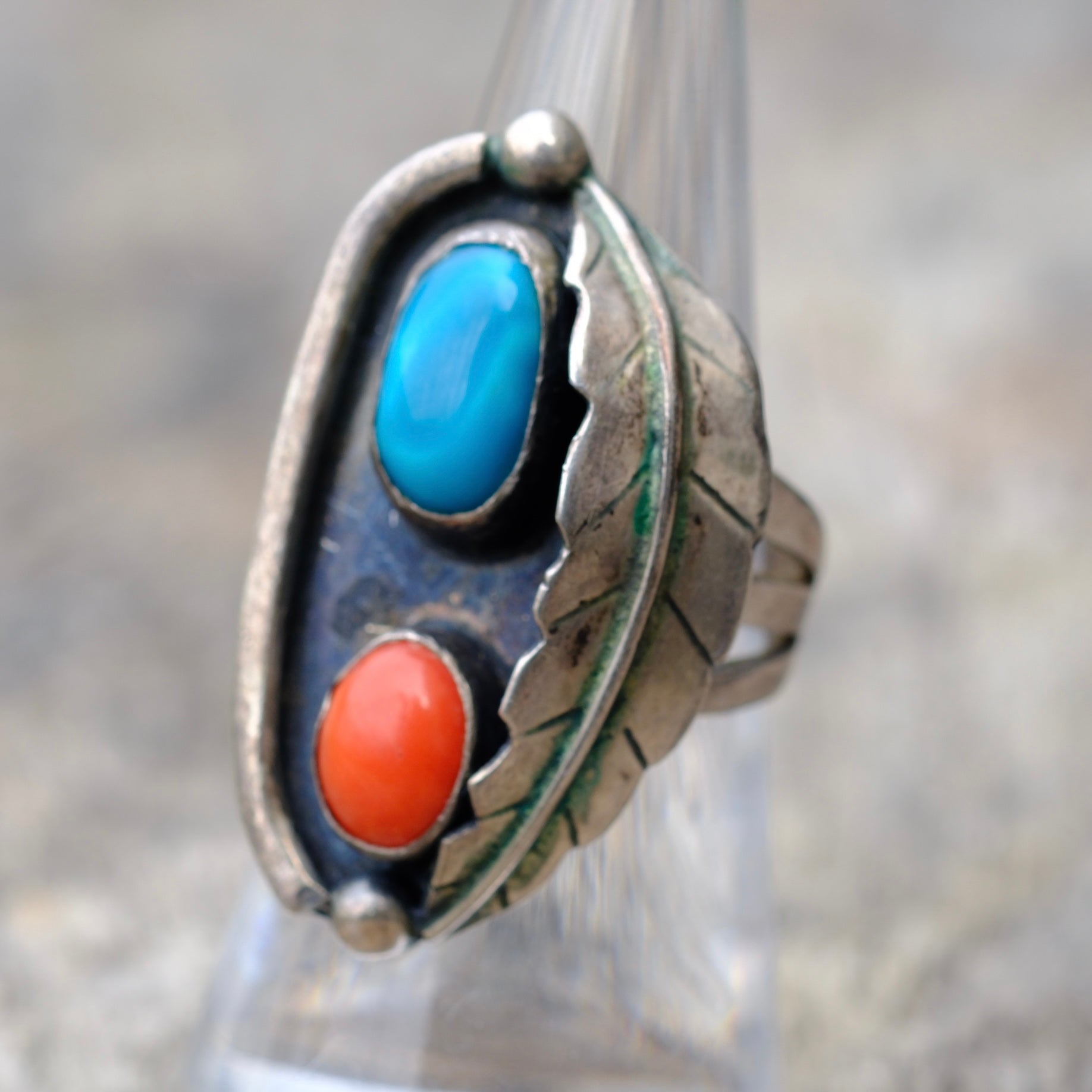 Vintage Sterling Turquoise and Coral Feather Ring 6.5