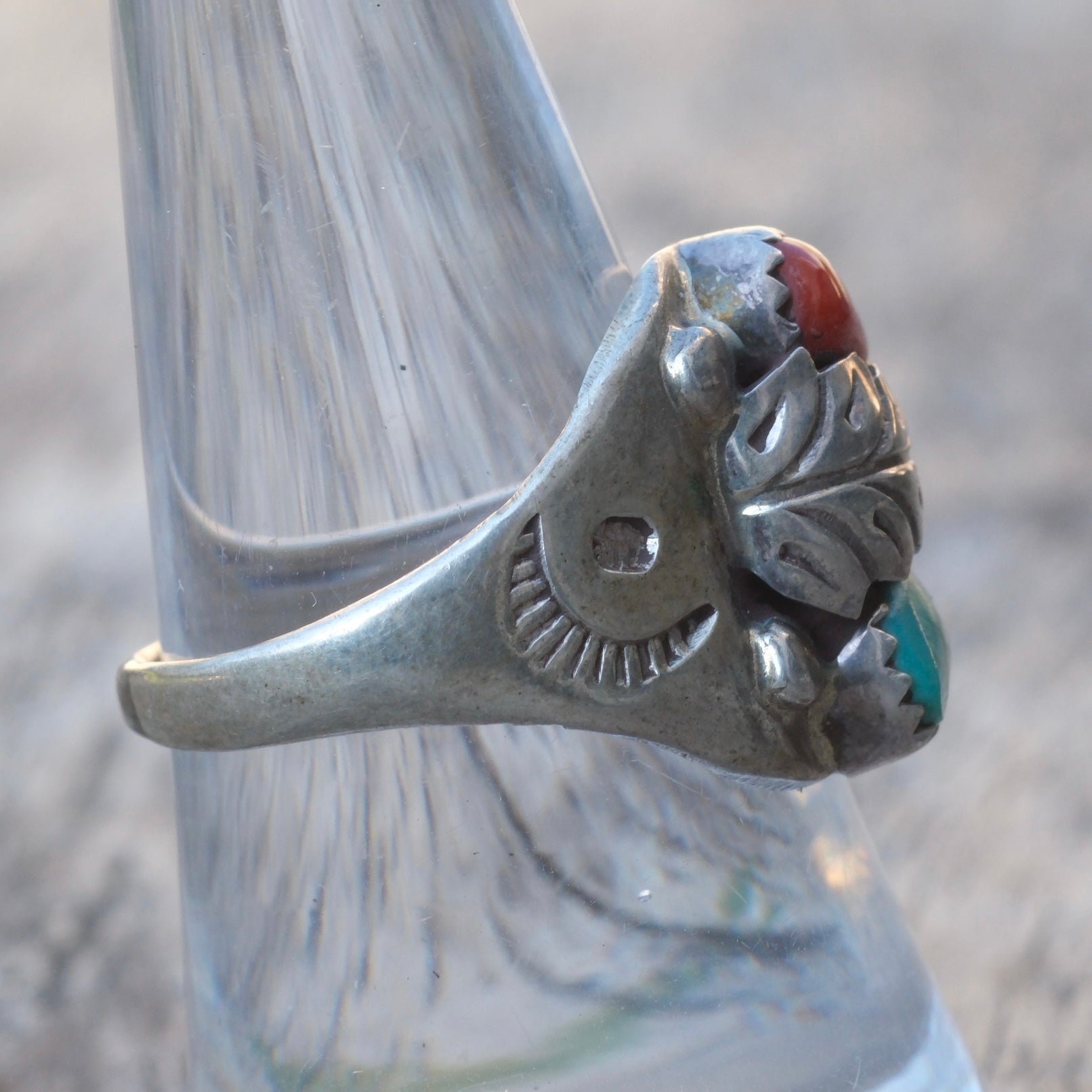 Vintage Sterling Turquoise and Coral Feather Ring 8.25
