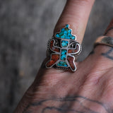 Vintage Sterling Crushed Turquoise and Coral Inlay Kachina Ring 5