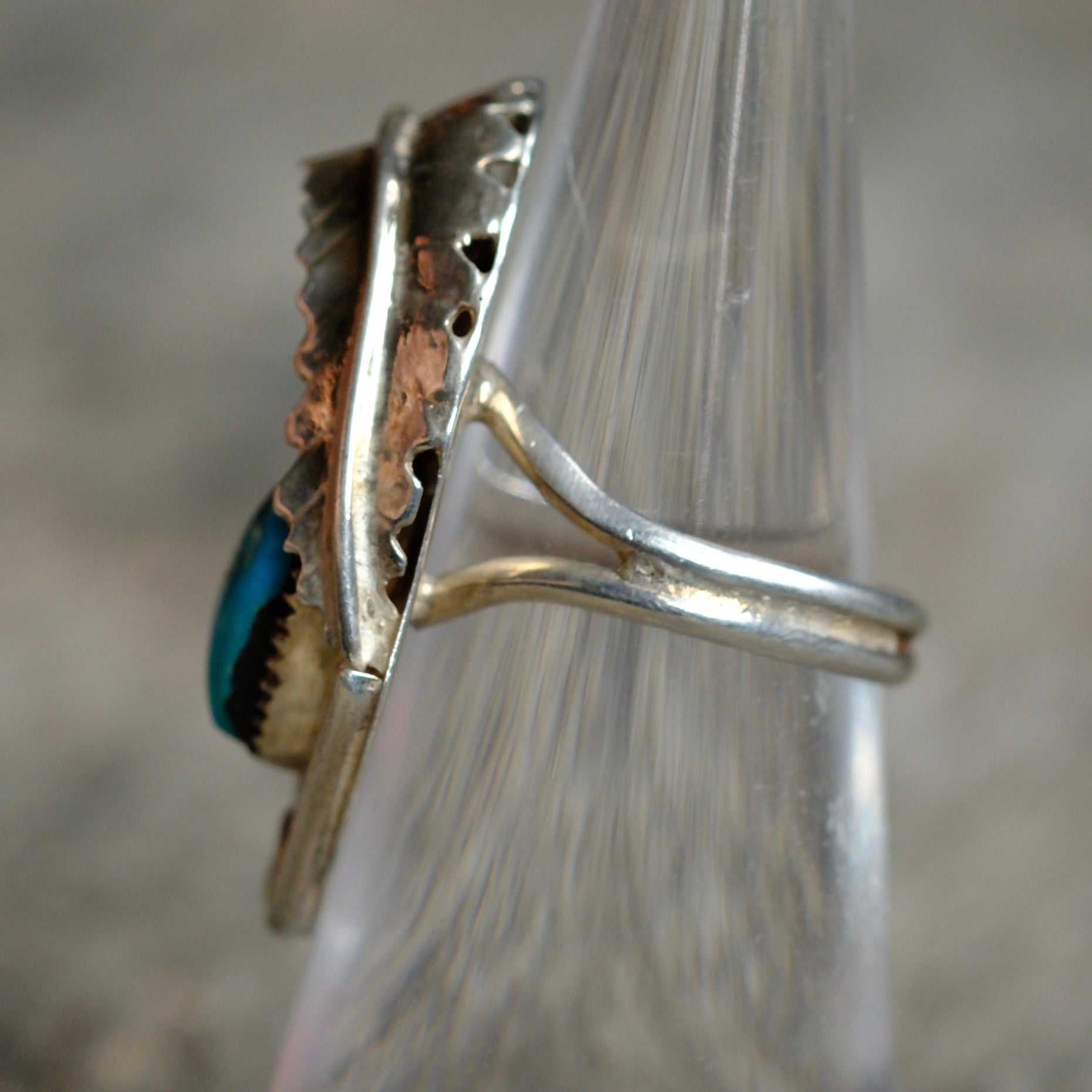 Vintage Sterling Turquoise and Coral Feather Ring 5.5