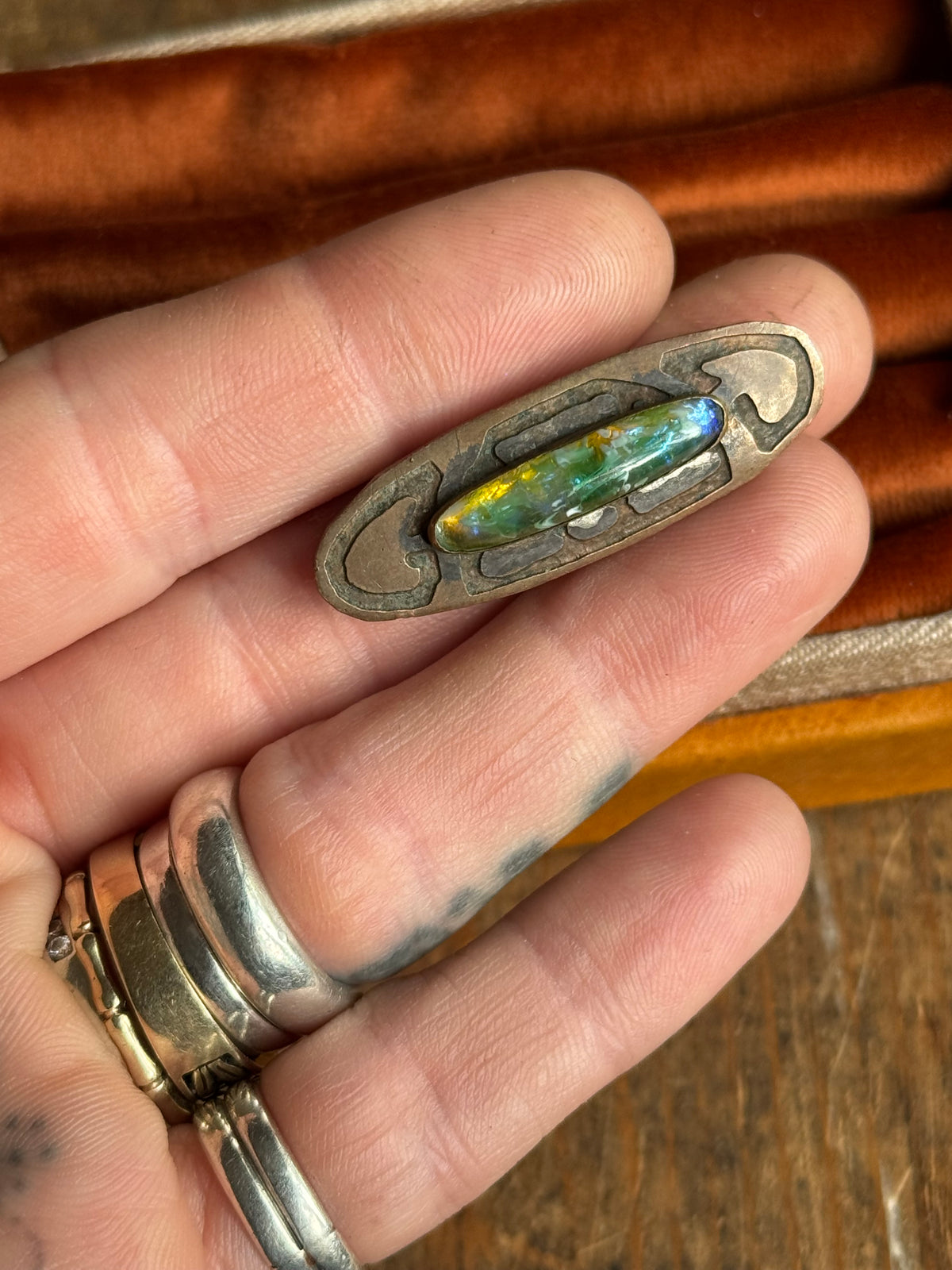 Vintage Green Resin Brass Etched Pin