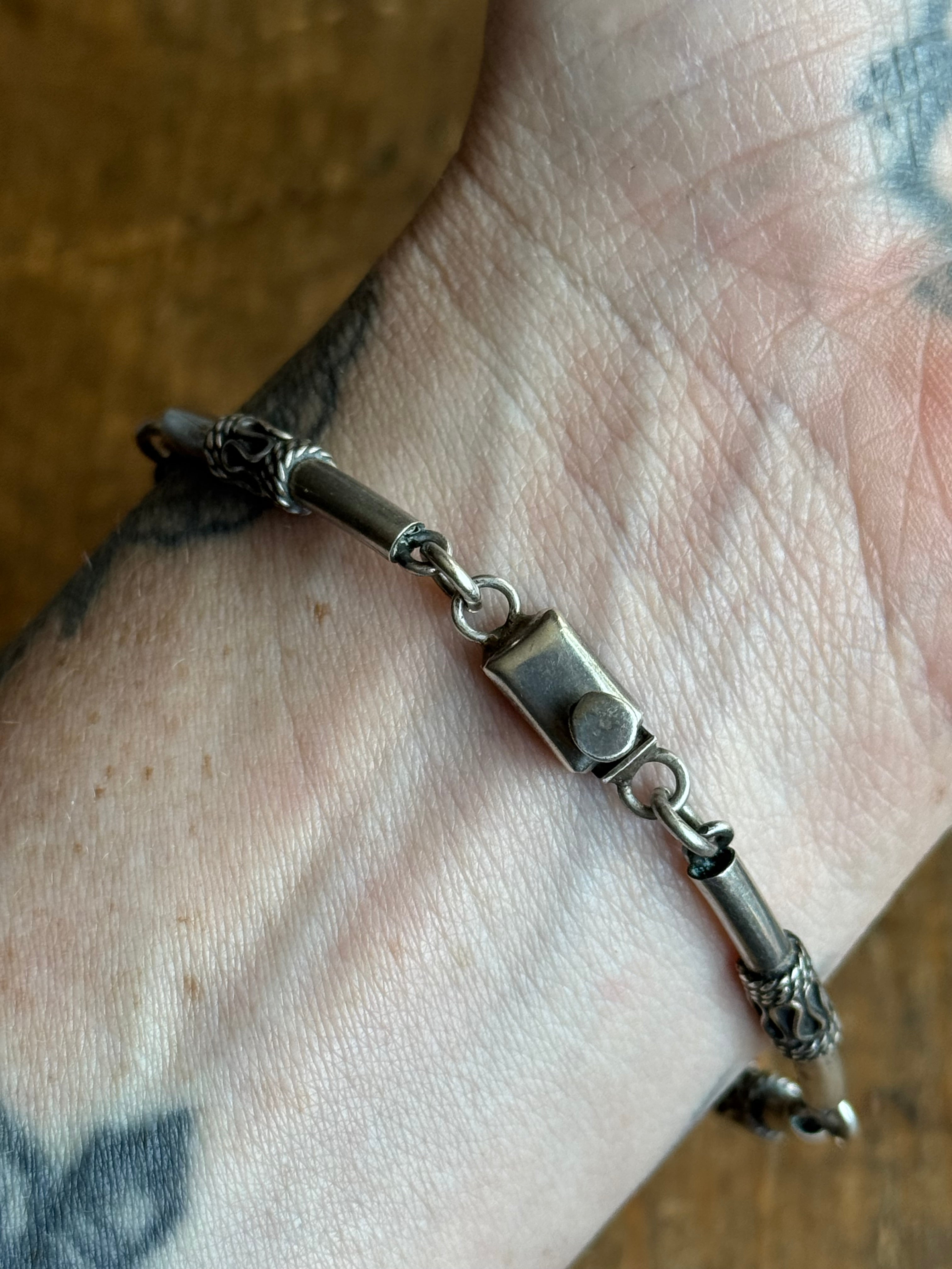 Vintage Sterling Silver 7.25” Tribal Tube Link Bracelet