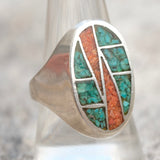 Vintage Sterling Turquoise and Coral Inlay Ring 9.75