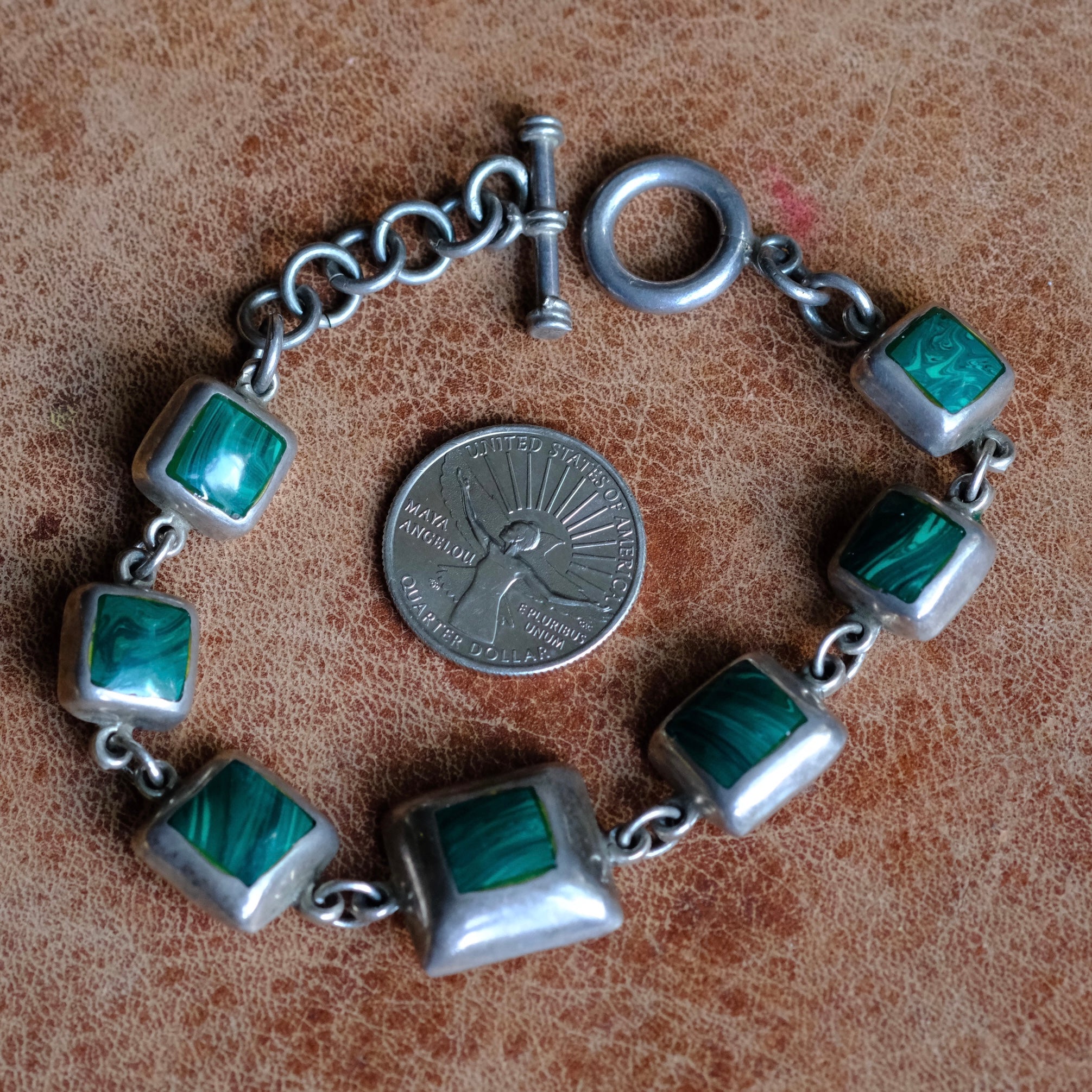 Vintage Sterling Silver Malachite Link Bracelet